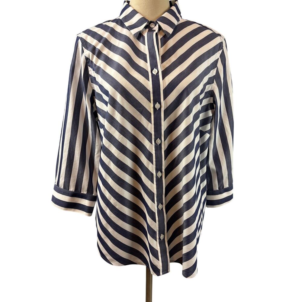 Chico's No Iron Stain Shield 100% Cotton V- Striped Button Up Blouse Large